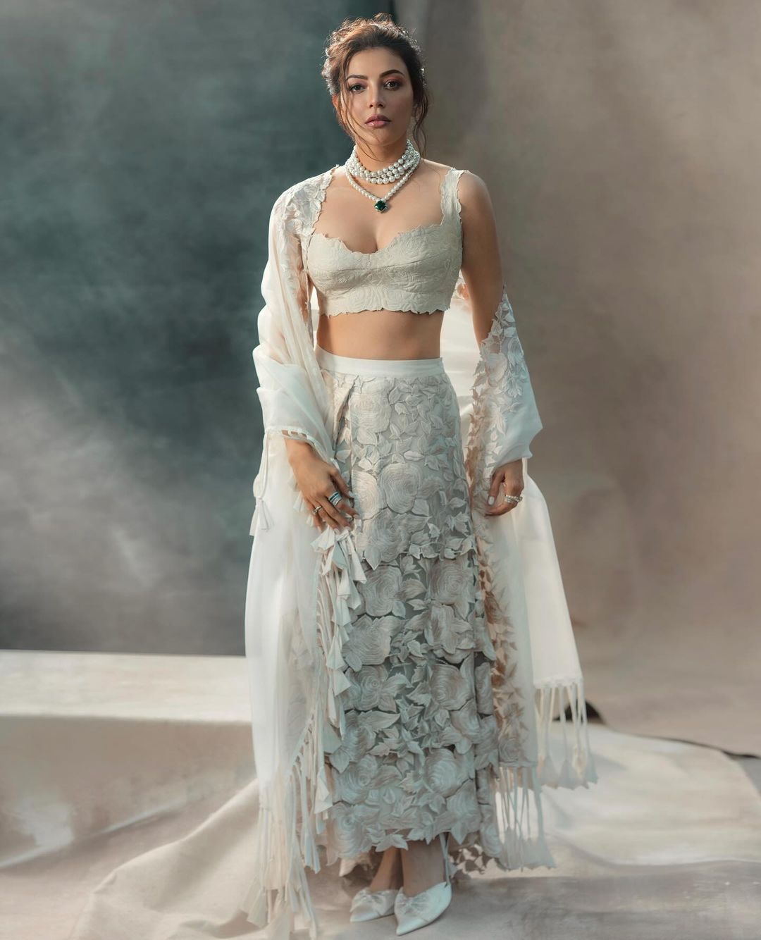 Indian Actress Kajal Aggarwal in White Lehenga Choli